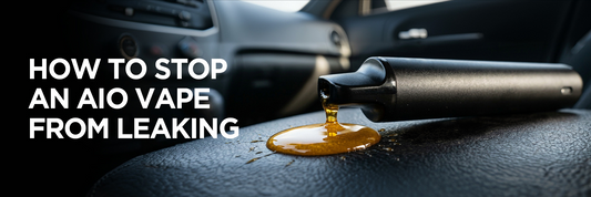 Diagram showing common causes of AIO vape leaking including oil incompatibility, overfilling, damaged seals, and improper storage.